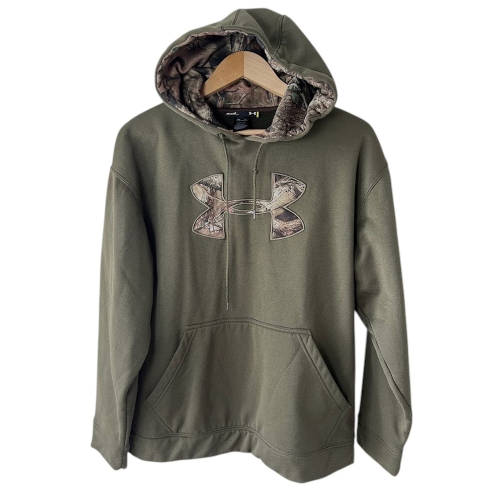 Under Armour Camo Logo Hoodie Mens Medium Green Loose Fit Hunting Pullover